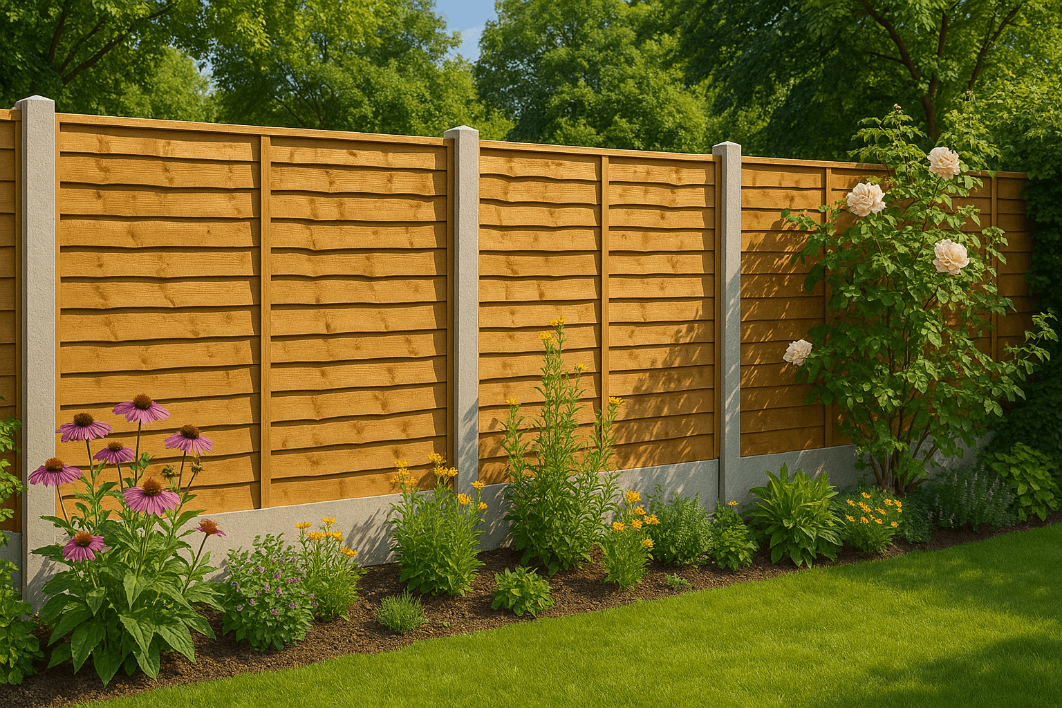 Contemporary horizontal slat fence with concrete posts